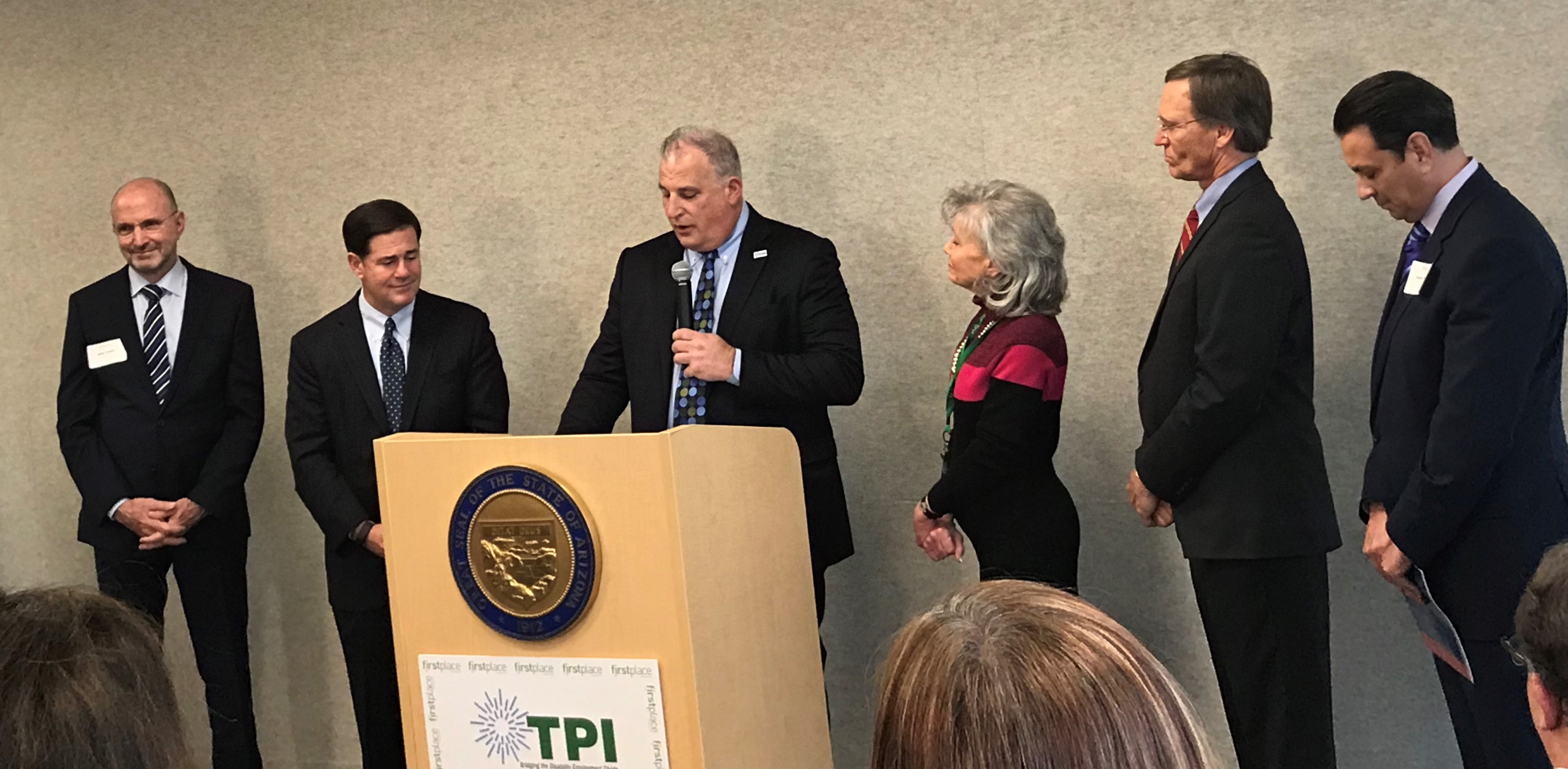 (l-r) Mike Trailor (Director, AZ DES), Arizona Governor, Doug Ducey, Ernie Dianastasis (CEO, TPI), Denise Resnik (President/CEO First Place AZ), Mike Hummel (General Manger/CEO, SRP) Steve Chucri (Supervisor, Maricopa Co.)
